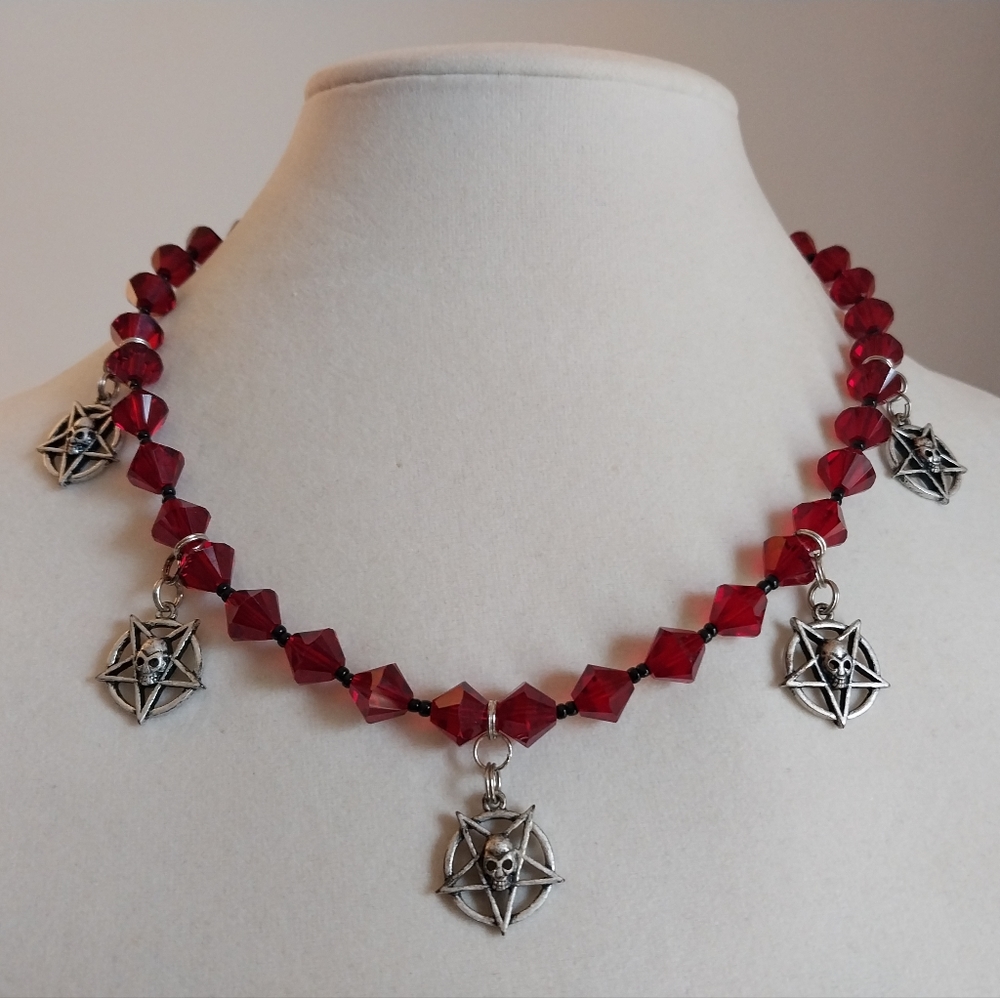 Goth red & black beaded skull pentacle pentagram necklace